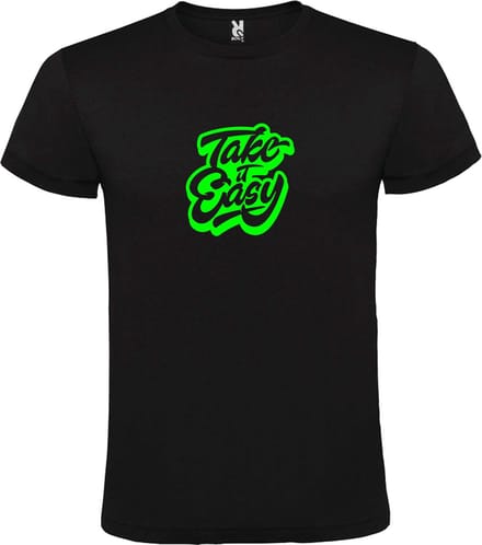 Zwart T-Shirt met “ Take it Easy “ afbeelding Neon Groen Size S