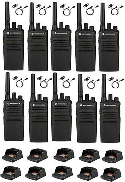 Set van 10 Motorola XT420 UHF IP55 PMR446 met laders en D-shape oortje M1 2-Pins