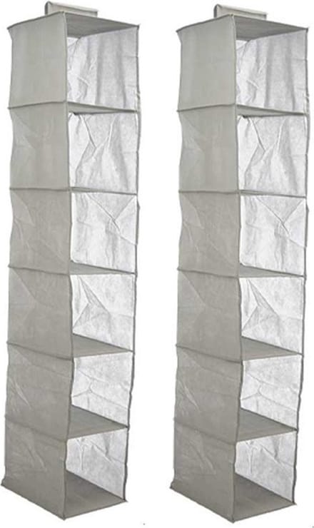 Kipit Kledingkast organizer - 2x - 6 vaks - grijs - 25 x 25 x 138 cm - ruimtebesparend/hangend