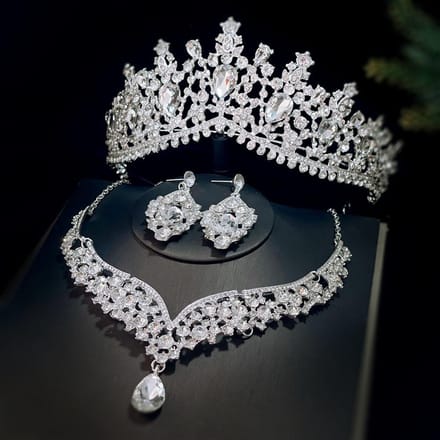 Bruidskroon Ketting Oorbellen Drie Delig Set Bruids Sieraden Set gray