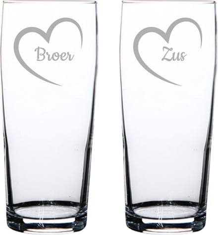 Gegraveerde bierfluitje 19cl Broer met hartje & Zus met hartje