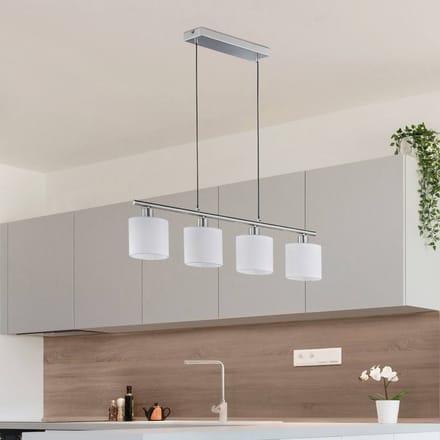 Reality Leuchten Tommy hanglamp, nikkel/wit, lengte 75 cm, 4-lamps, stof