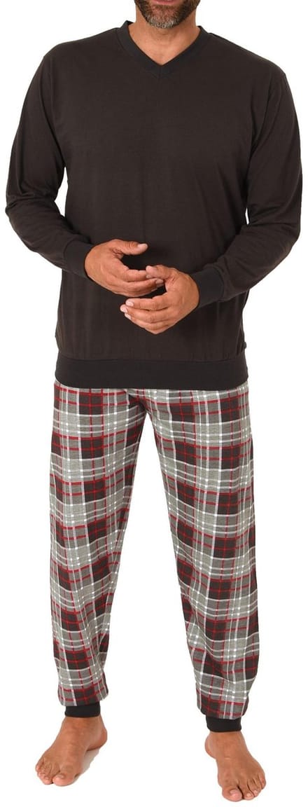 Normann herenpyjama met lange mouwen en geruite jersey broek