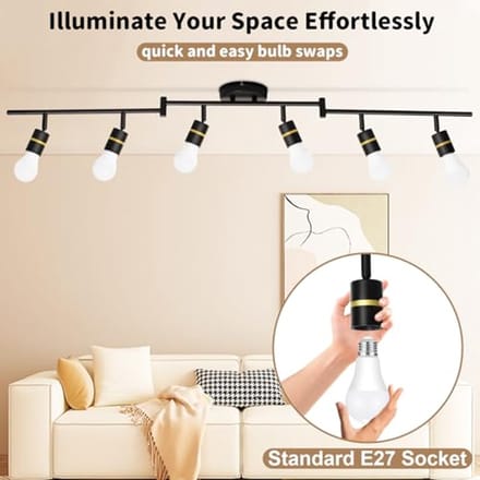 Moderne plafondspot met 6 verstelbare lichtpunten, E27 fitting, zwart metaal
