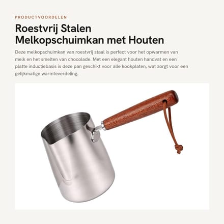 Dailygoods - Roestvrij Stalen Melkopschuimkan met Houten Handvat 350ml