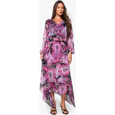 boohoo Dames Paisley Chiffon Hanky Hem Midi Rok | Purple | Maat: 6