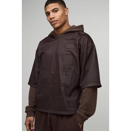 Oversized Boxy Varsity Applique Faux Layer Mesh Hockey Top Hoodie | Brown | Size Medium
