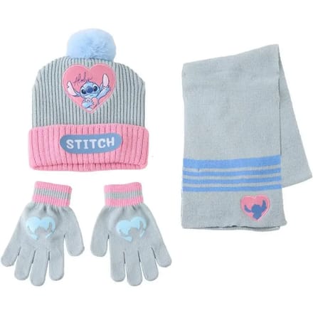 Disney Stitch Winterset Kinderen – Muts, Handschoenen en Sjaal – Grijs Roze – Officieel Gelicenseerd