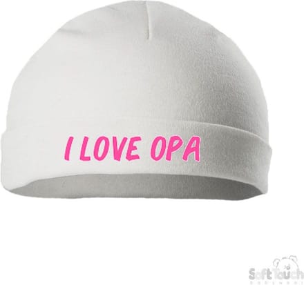 Soft Touch Mutsje Rolmutsje Bedrukt "I Love Opa" Wit/roze Maat New Born Maat 56