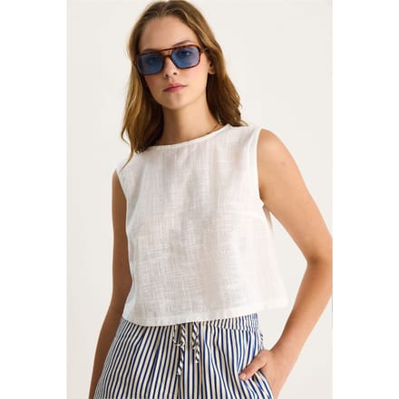 Linnenmix Korte Mouwen Crew Neck Blouse