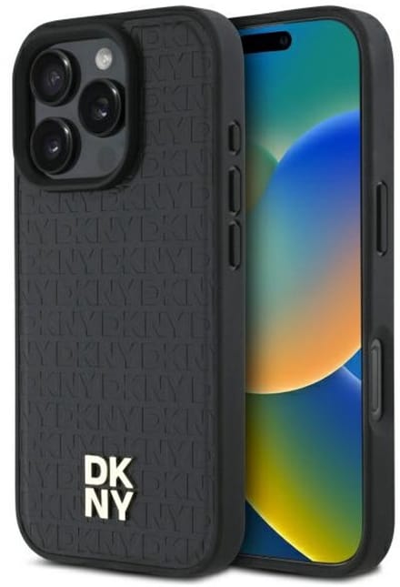 DKNY - Backcover iPhone 16 Pro - Repeat Pattern Stack Logo - MagSafe - Zwart