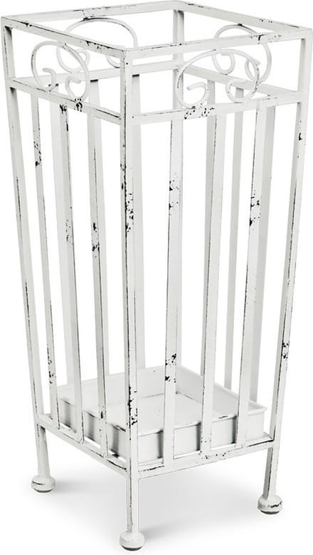 Paraplubak – Wit staal met lekbak – Romantisch ontwerp – 46 cm hoog, 20 cm breed, 20 cm diep
