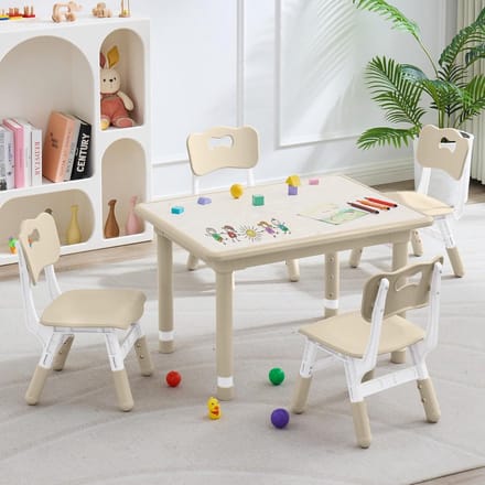 In Hoogte Verstelbare Kinderbureau en Stoelenset met 4 Stoelen