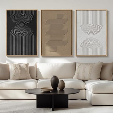 Set van 3 Grote Abstracte Wanddecoratie, Ingelijste Boho Zwart-Wit Kunst voor Woonkamer en Hal