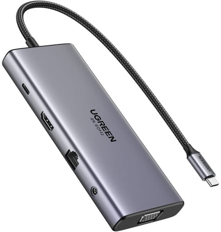 Hub USB-C UGREEN CM639 (45520), 2 x USB-A 3.2 - 3 x USB-C - 1 x HDMI - 1 x VGA - 1 x Jack 3.5mm - 1 x RJ45 - 1 x SD - 1 x microSD, Gri
