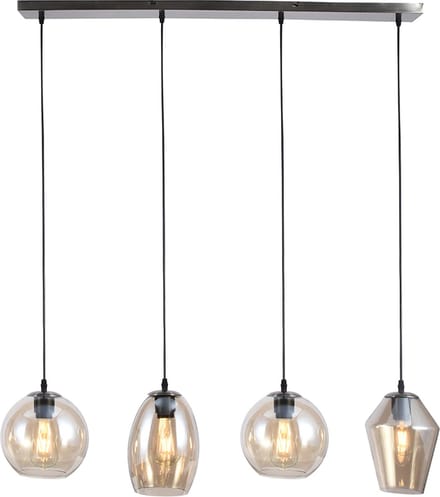 Olucia - LAZARO - Hanglamp - Amber / Zwart - 4L - Vorm: Rechthoek