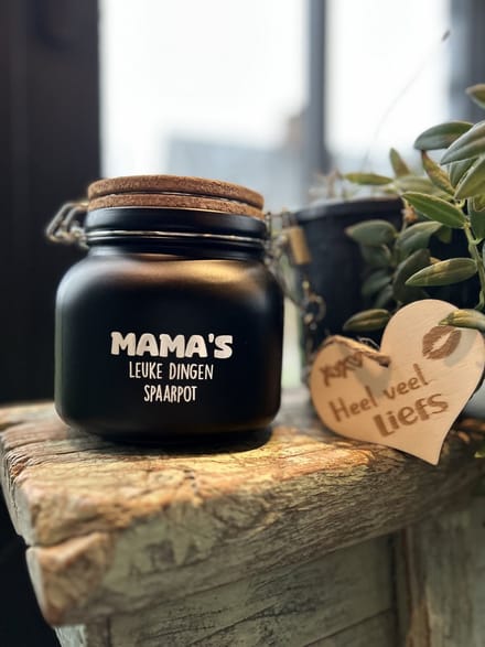 Creaties van Hier - Luxe Spaarpot met houten hartje - Mama's leuke dingen spaarpot - Glas