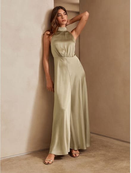 Next - Dames - Satijnen halter mouwloze midi-jurk met textuur - Goud