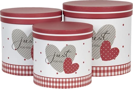 Clayre & Eef Hoedendoos Set van 3 Ø 19x19 / Ø 17x17 / Ø 15x15 cm Rood Wit Karton Rond Hart Opbergdoos