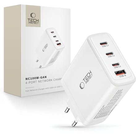 Tech-Protect NC100W-GAN GaN 3x USB-C PD 100W / USB-A QC 3.0 Charger - White