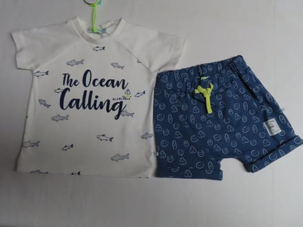 Ensemble - Jongens - T shirt + short - Ecru / blauw - Ocean - 9 maand 74
