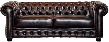 Vente-unique Driezitsbank en fauteuil Chesterfield BRENTON 100% buffelleer - bruin tinten
