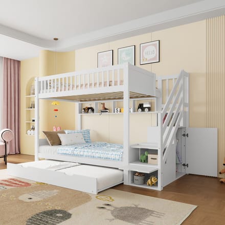 Stapelbed 90x200 cm - Met Uitschuifbed En Opbergruimte - Kast En Planken - Hout - Wit