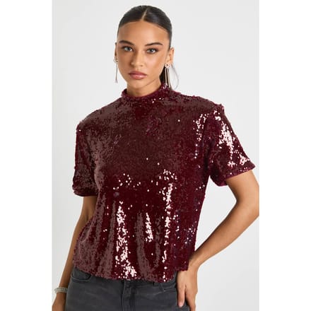 boohoo Dames Pailletten Schoudervulling Boxy T-shirt | Wijn | Maat: 34