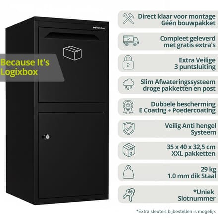 Logixbox - Pakketbrievenbus - Pakketbox Frontbox Deluxe - Zwart - GEEN BOUWPAKKET -> GRATIS STICKERS + MAT + EXTRA BEVEILIGING --