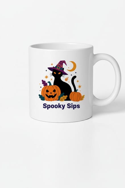 Halloween Mok - Spooky Sips - Zwarte Kat met Heks Hoed en Pompoenen