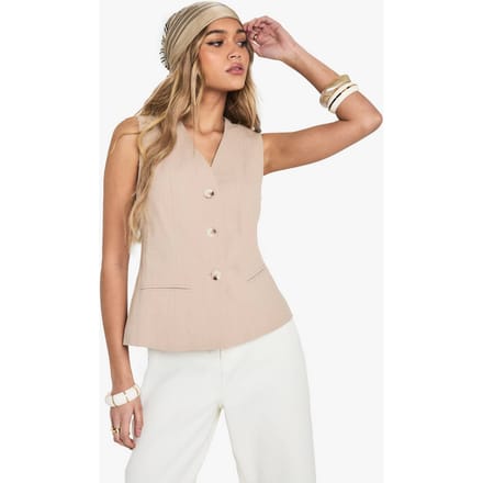 boohoo Dames Op maat gemaakte linnenlook vest met knopen | Steen | Maat: 36