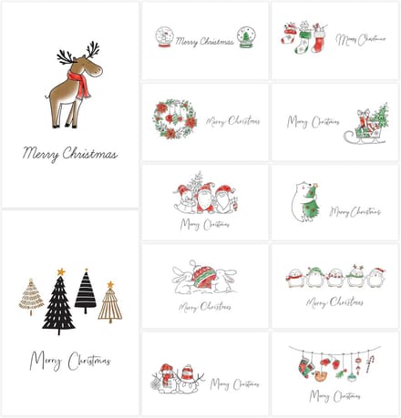 24 Kerst Wenskaarten Set met Enveloppen - 12 Unieke Ontwerpen