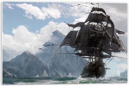 Forex - Geschilderd Schip met Bergen - 60x40cm Foto op Forex
