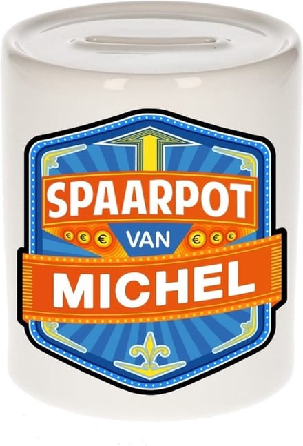 Bellatio Decorations Kinder spaarpot met naam - Michel - keramiek - met dop - wit - Sparen - Spaargeld van Michel