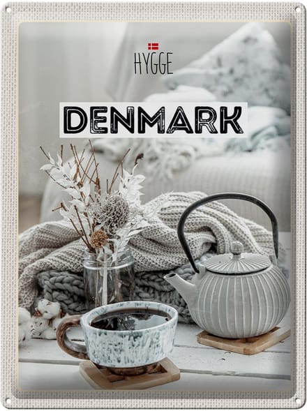 Blechschild Reise 30x40cm Dänemark weiß Teekanne gemütlich Decke