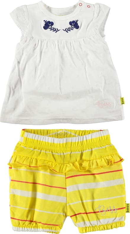 BESS - kledingset - 2delig - Broek geel met ruffles - Romper jurkje wit - Maat 68
