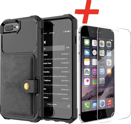 Backcover geschikt voor Apple iPhone 7 Plus / 8 Plus - Zwart - 3 in 1 pasjeshouder - met Glazen Screenprotector