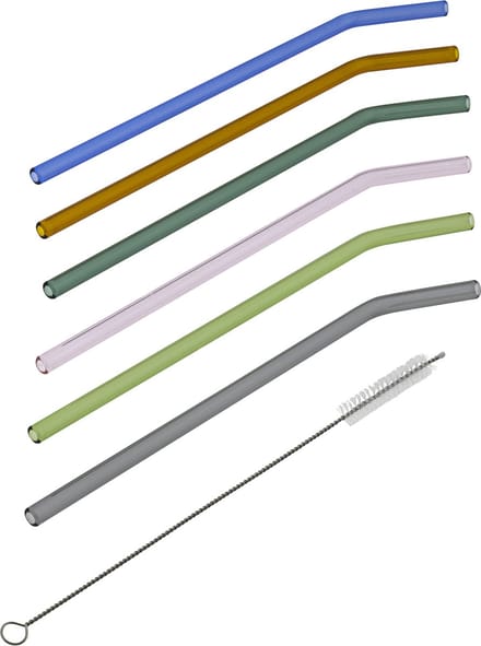 HI rietjes gebogen - set 6x - glas - met rager - gekleurd - 23 cm