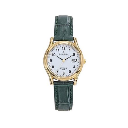 Certus-dameshorloge-model 646607-datum -goudkleurig-donkergroen leder-5 atm waterdicht-diameter 24 mm