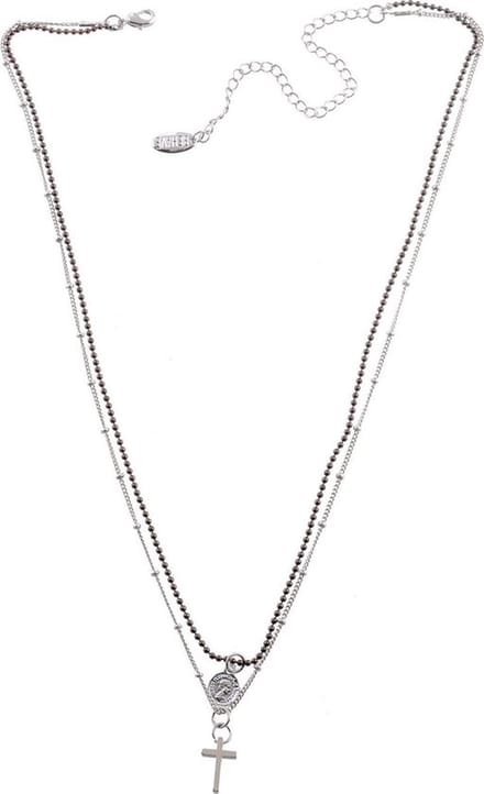 Behave Korte ketting 40 cm lengte, metaal, 2rijen, hanger, kruis + verlengketting