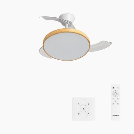CREATE - Stille plafondventilator met intrekbare bladen (Ø91cm) - Met licht LED - Controller voor wandmontage + Afstandsbediening - 6 snelheden - Programmeerbaar - WIND CLEAR STUDIO