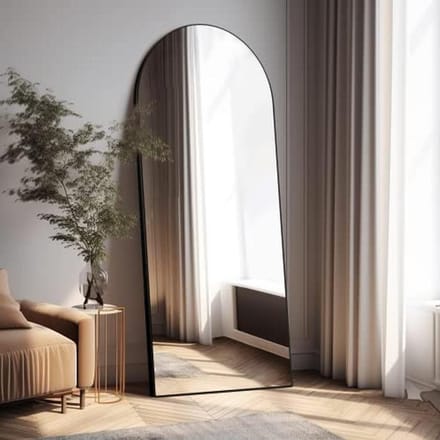Curved Full Length Mirror with Stand - Contemporary Black Wood Frame, 150 x 50cm