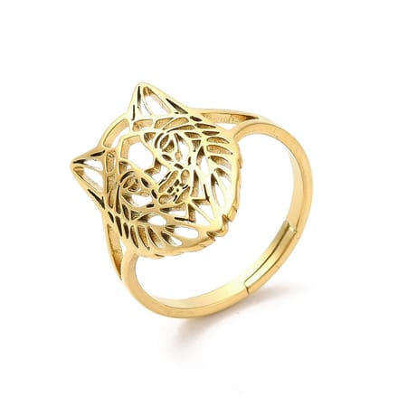 Ring stainless steel wolf bohemian, one size ring, goudkleurig, 100% waterproof, verstelbare ring, cadeau