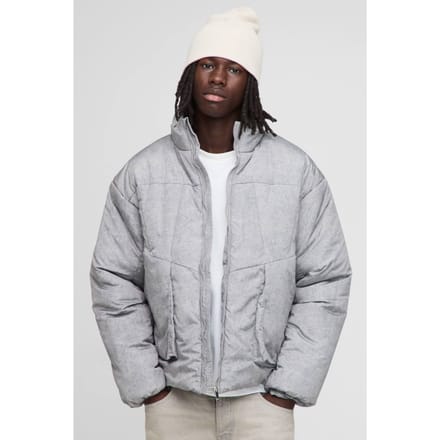 Oversized Boxy Fit Washed Nylon Padded Funnel Neck Puffer Jacket | Grey | Size Medium