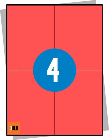 A4 Stickervellen Rood 105x148mm - 4 Stickers per vel rood - Verzend Etiketten - 100 vel - DULA