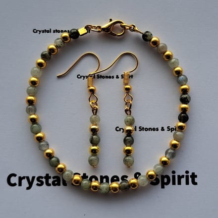 Set Armband / oorbellen Labradoriet, 4 mm goudkleurig