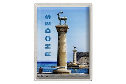 Blechschild Reise 30x40cm Griechenland Rhodos Meer Skulptur