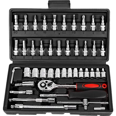 53-delige ratelsleutel- en dopsleutelset 1/4-inch schroevendraaier reparatieset combinatiedop 46pcs & Black Toolbox & Black&Red Handle gray