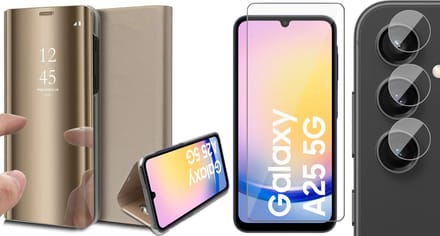Hoesje geschikt voor Samsung Galaxy A25 / A24 - Screenprotector Glas & Camera - Spiegel Book Case Goud