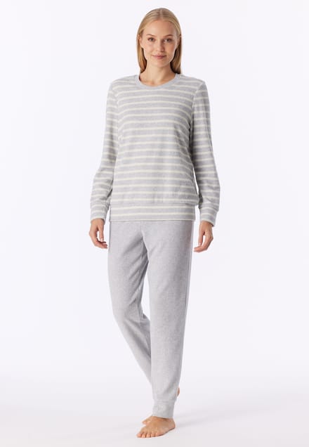 SCHIESSER dames Cotton Essentials Pyjama lang - dames pyjama set - zilvergrijs melange gestreept